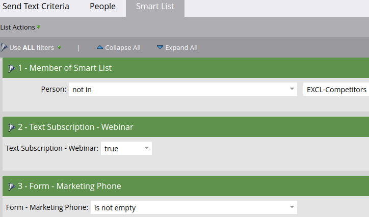 Marketo SMS integration smart list defining the criteria necessary for someone to receive an SMS