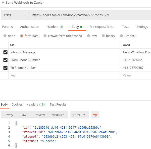 Making a post request with Postman to the Zapier custom webhool URL
