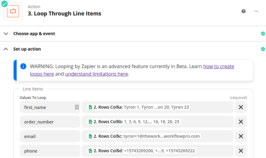 Image showing how to use the columns from the "Find Many Spreadsheet Rows" Google Sheets action in subsequent Zapier actions.