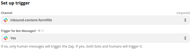 Screenshot of the trigger settings for the Slack channel to allow bot messages