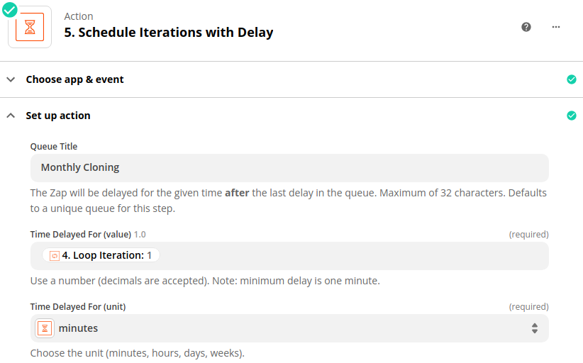 A screenshot of the delay settings used to schedule succesive iterations of the Marketo Program Cloning zap