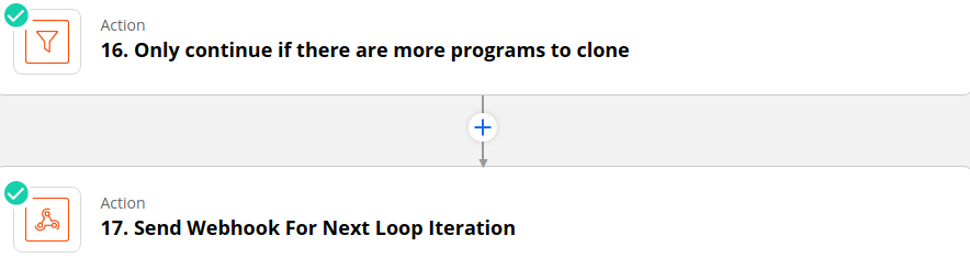 A screenshot of the 2 Zapier actions used to send a webhook to trigger the next iteration of the Marketo Program Cloning zap